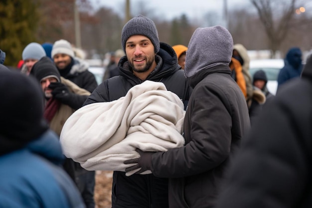 Photo a volunteer distributing donated blankets to donate photos899jpg