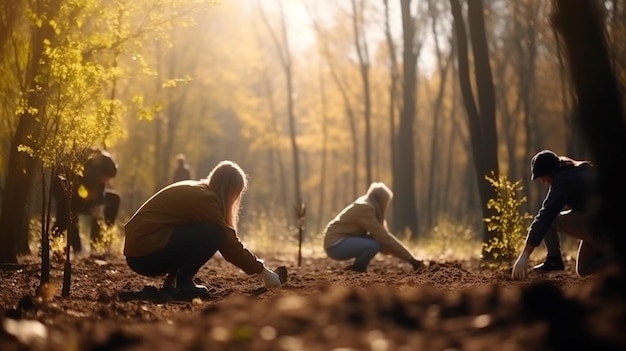 Volunteer farmer plant for gardening in park with trees in nature environment Generative AI