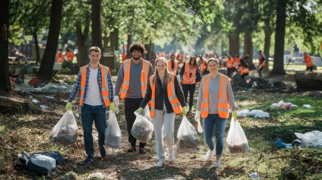 Volunteer group cleaning park from rubbish young woman and men walking through woods and carrying p