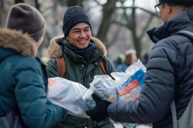 A volunteer hands out bags of food to individuals in need outdoors A smiling volunteer handing out bags of food to individuals in need offering a moment of connection and support