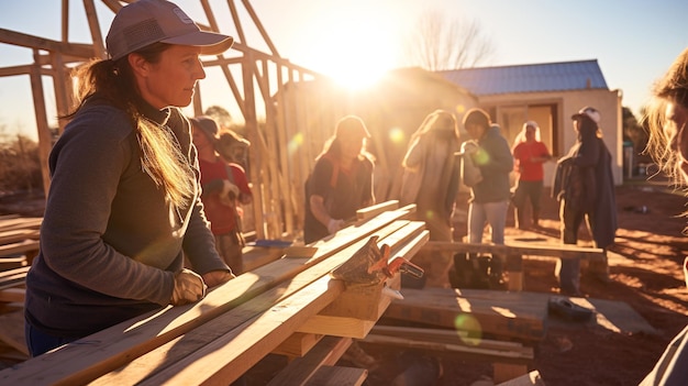 A volunteer is building a house for a family in need mental health images photorealistic illustration