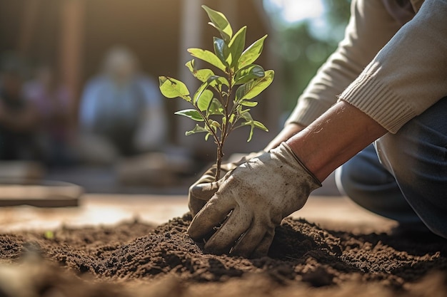 Volunteer planting new tree in dirt in an urban garden with Generative AI