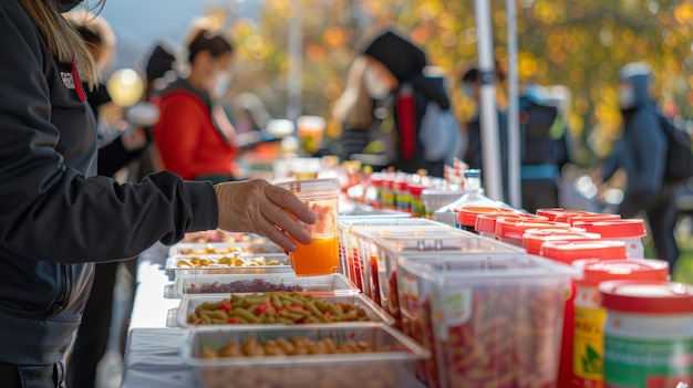 Volunteer serving refreshments at an outdoor community event with fall foliage backdrop