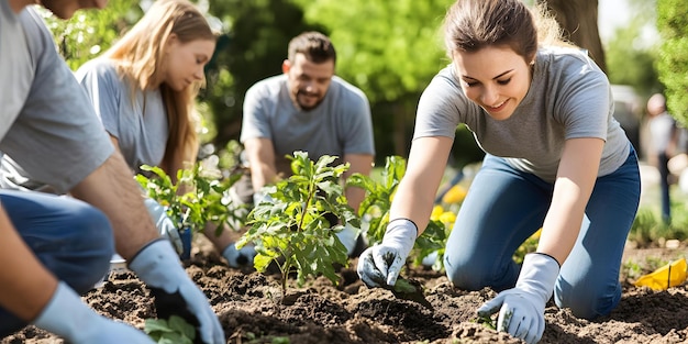 Photo volunteer team planting trees in community garden