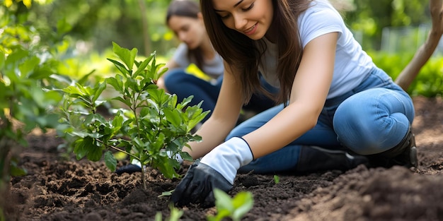 Volunteer Team Planting Trees in Community Garden