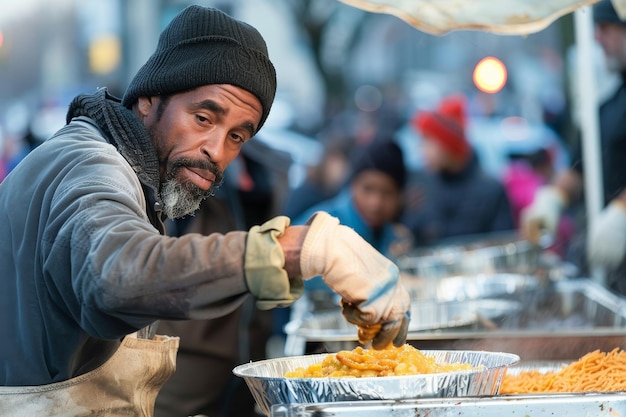 A volunteer wearing gloves serves hot food to individuals in need on a cold winter day A volunteer serving hot meals to individuals in need