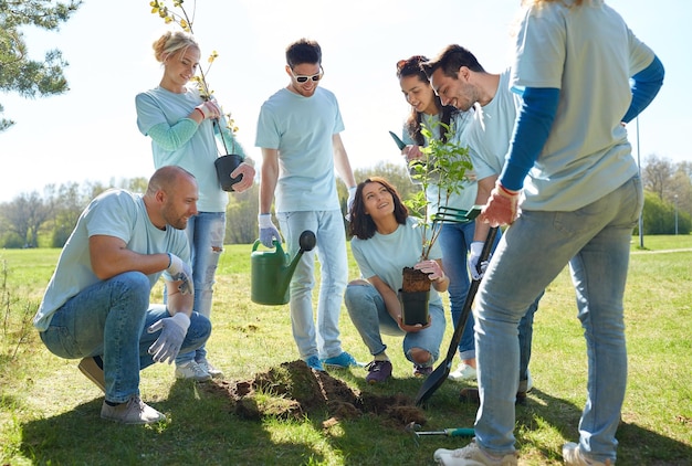 Photo volunteering, charity, people and ecology concept - group of happy volunteers planting tree and digging hole with shovel in park