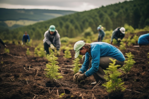 Volunteering Young people volunteers outdoors reforestation Generative AI