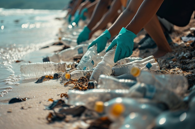 Photo volunteers clean bottles from beach with gloves