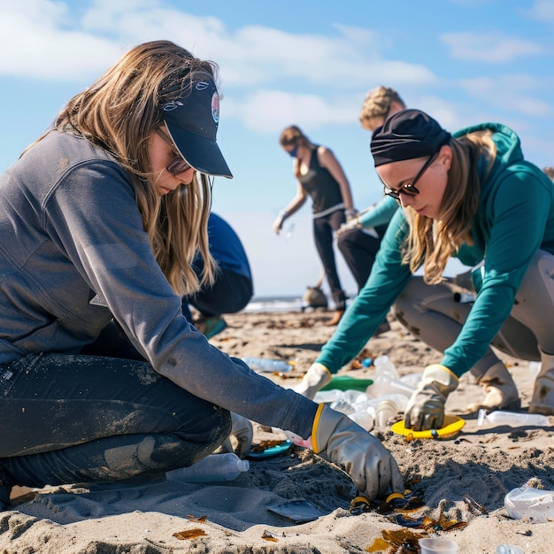 Photo volunteers cleaning a beach picking up trash and debris to promote environmental conservation and protect marine life