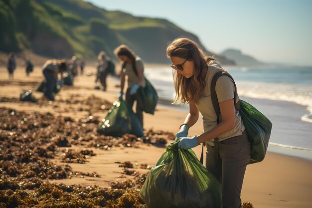 volunteers collect rubbish on the beach