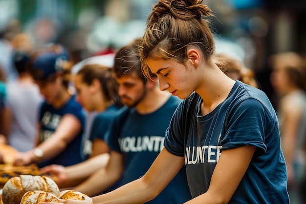 Photo volunteers in dark blue volunteer tshirts giving bread to homeless in the usa