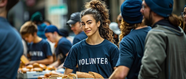 Volunteers in Dark Blue VOLUNTEER TShirts Giving Bread to Homeless in the USA