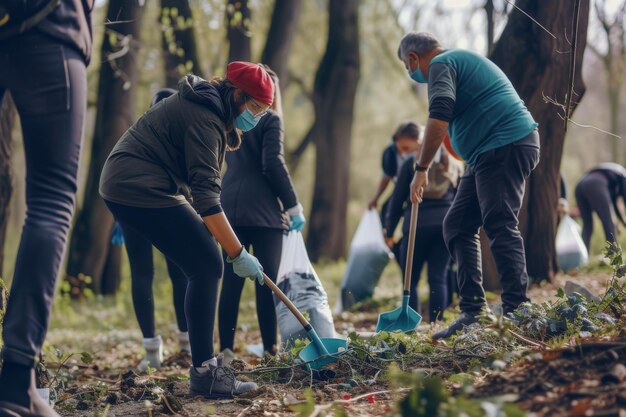 Photo volunteers done for today multiethnic group of people cleaning together in public park saving the