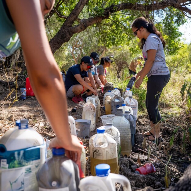 Photo volunteers gathering and organizing plastic containers for water supply in a forested area on a sunny day