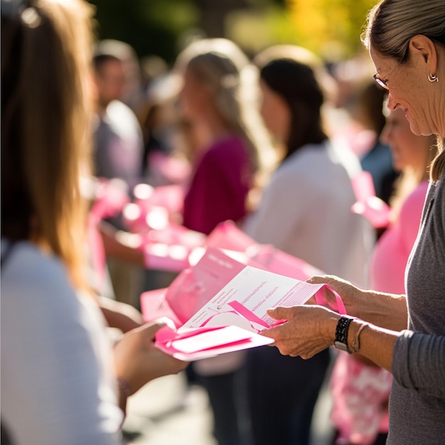 Photo volunteers handing out pink ribbons and informational brochures at a charity walk