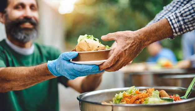 Photo volunteers hands compassionately offering nourishment to a destitute elderly man embodying the spi