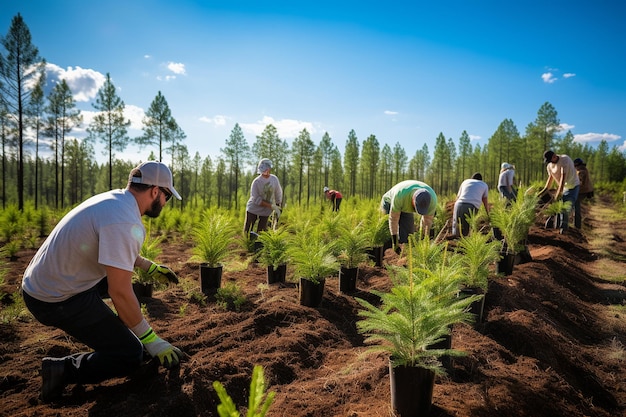 Volunteers Planting Pines in Forest Conservation Efforts