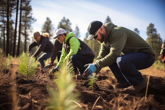 Volunteers Planting Pines in Forest Conservation Efforts