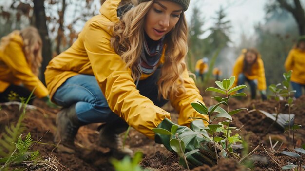 Volunteers Planting Young Trees Forest Backdrop Reforestation Arbor Day Earth Day AI Generated