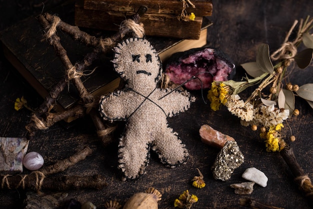 Voodoo doll black magic esoteric ritual halloween concept