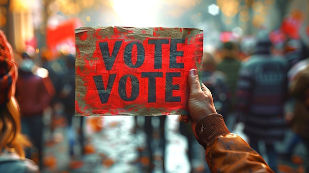 VOTE placard raised in a bustling city scene Hand holding VOTE sign A plea for electoral engagement in public Concept of elections suffrage public appeal and electoral process