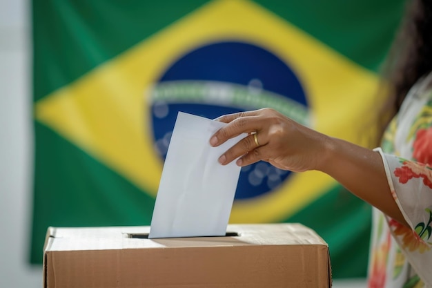 A voter casts a ballot in a cardboard box with the Brazilian flag blurred in the background