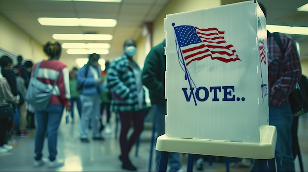 Photo voters in line at polling station with american flag voting booth on election day