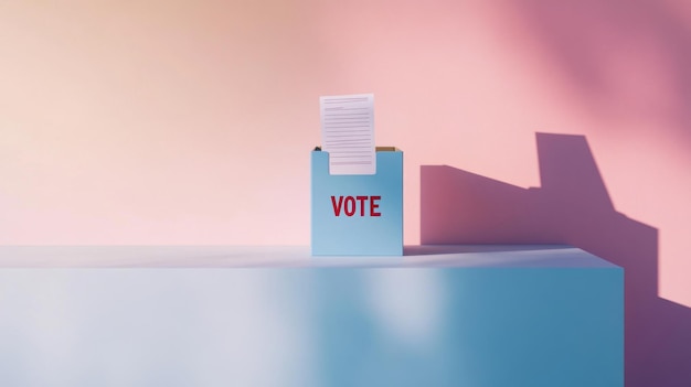 Photo voting ballot being inserted into box with minimalistic color background