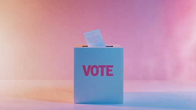 Photo voting ballot being inserted into box with minimalistic color background