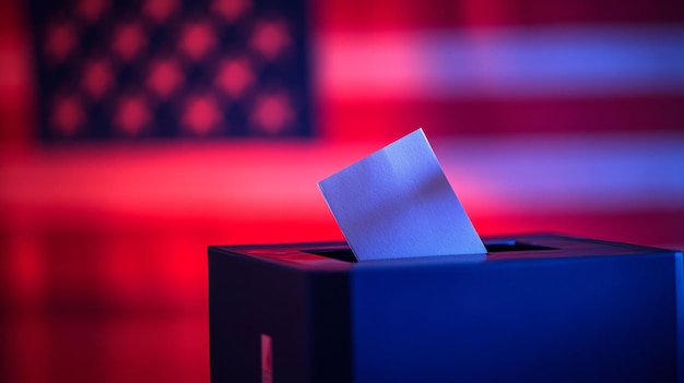 Photo voting ballot in box on usa flag background