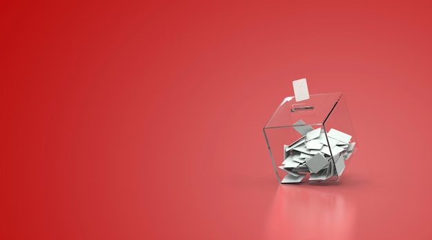 Voting box filled with envelopes - red background - 3D rendering