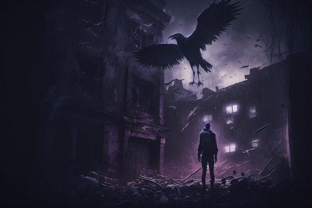 Voyager with his raven in deserted city at night Fantasy concept Illustration painting Generative AI