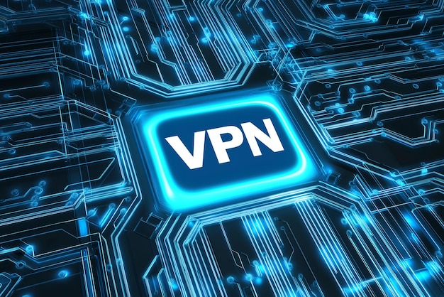 A VPN icon on a digital circuit background symbolizing secure internet connections