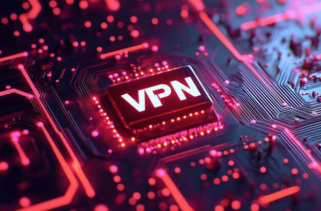 A VPN icon on a digital circuit background symbolizing secure internet connections