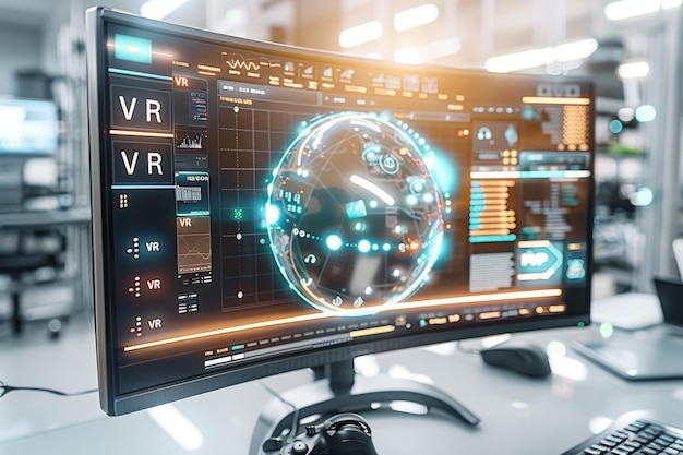 VR control panel in a futuristic workspace emphasizing the advanced technology and immersive inter