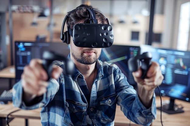 Photo vr developer testing new virtual reality application