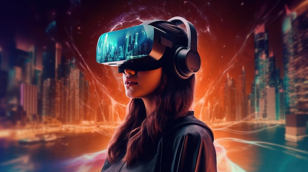 Vr headset double exposure metaverse futuristic virtual world state of consciousness technology