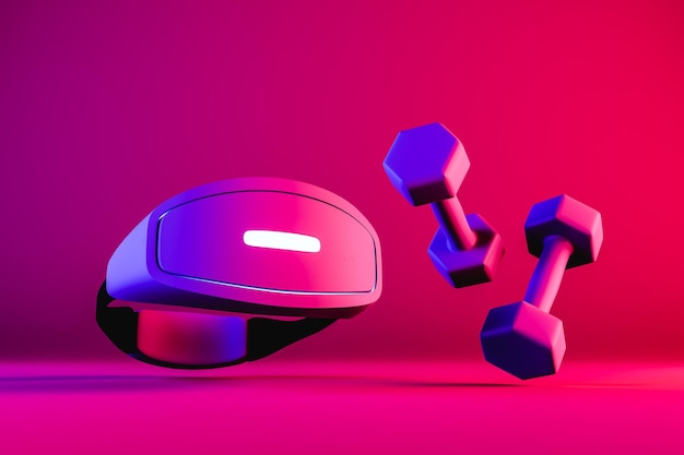 VR headset and dumbbells for training 3d render