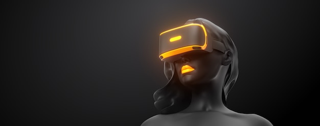 VR headset, technology. 3d render of the woman, wearing virtual reality glasses on black background.