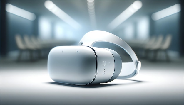 A VR headset with a modern minimalist design echoing the style of highend tech products