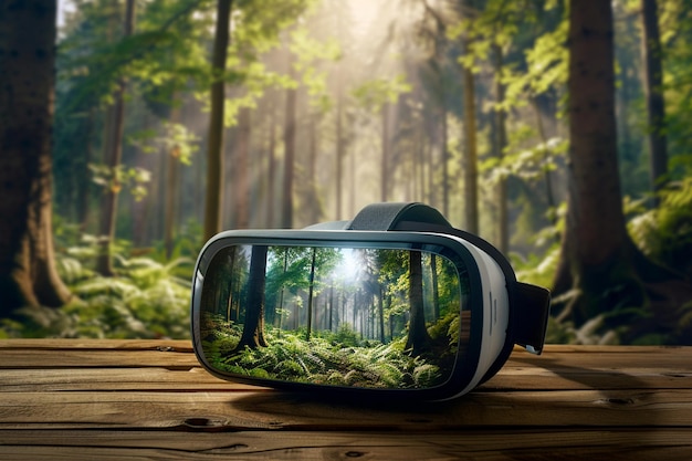 Photo vr headset on a wooden table with a serene forest environment displayed on the screen