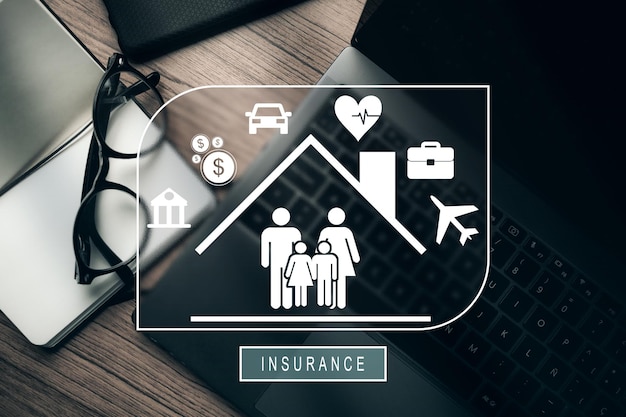 VR icons illustrating the coverage of policy insurance. Family, life, travel, health, bank, house.