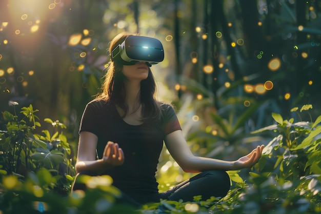 VR Meditation in Futuristic Way Young Woman Wearing Virtual Reality Headset with forest environment