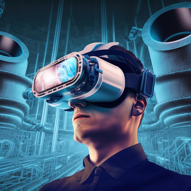 Photo vr technology in industrial man in virtual 3d glasses 3d rendering. raster illustration