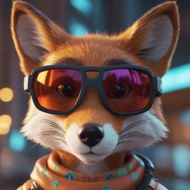 Vraytraced fox neonpunk photorealistic Konica Big Mini detailed costume 8k sharp focus