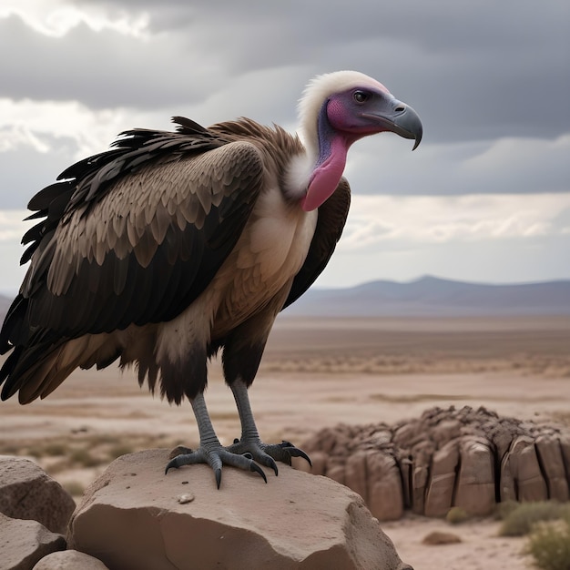 A vulture standing on a rocky desert landscape with a cloudy sky in the background