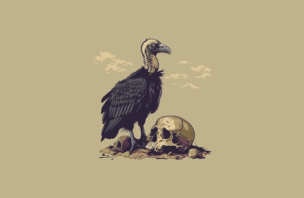 Photo vulture stands over a skull lying on the ground vector illustration