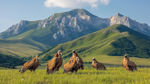 vultures are standing in a field of grass and mountains