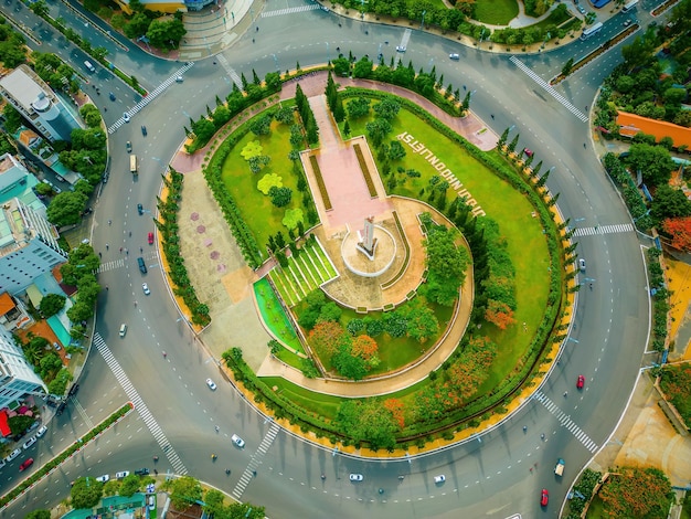 Vung Tau view from above with traffic roundabout house Vietnam war memorial in Vietnam This is the biggest roundabout in Vung Tau